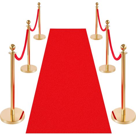 VEVOR Poteau de Guidage 6PCs, Potelet Guide-file avec 4 Cordes en Velours et Tapis Rouge, pour Controle de Foules Theatre Fete Mariage Exposition, Poteau de Balisage en Inox Dore avec Base Creuse