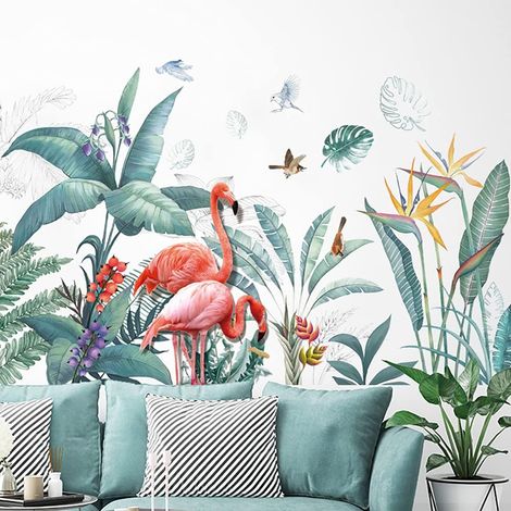 Stickers Muraux Autocollant Flamant Rose Mural Deco Feuilles de Palmier Tropicales Plantes Stickers Salon Chambre Enfants Bébé Décoration (1/5)