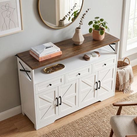 FurnitureR White Sideboard Buffet 140x35x95cm with Dark Wood Detail (1/5)
