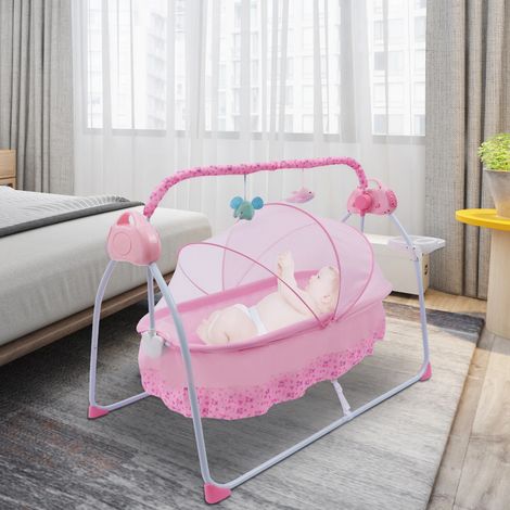 Elektro-Baby-Wiege mit 12 Liedern, Babyschlafwiege Zeitmessbar und Geschwindigkeit einstellbar, 87  51  19 cm