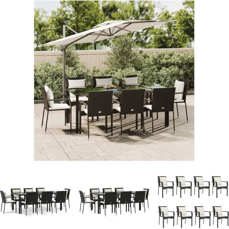 Rattanstuhl - vidaXL 9-tlg. Garten-Essgruppe mit Kissen Schwarz Poly Rattan - Gartenessplatz (1/5)