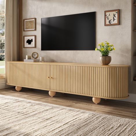 Meuble TV naturel avec portes coulissantes- meuble bas multimédia en MDF avec rangements pour salon séjour- 180x35x45 cm (1/5)