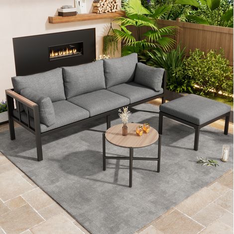 Set soggiorno da giardino, 1 divano, 1 tavolino basso, 1 poggiapiedi, tubo in acciaio zincato, piano in vetro, per giardino, piscina, grigio (1/5)