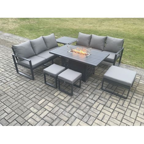 Fimous Aluminium Outdoor Lounge Sofa Garden Furniture Sets Gas Fire Pit Dining Table Set with 3 Footstools Side Table Dark Grey (1/5)