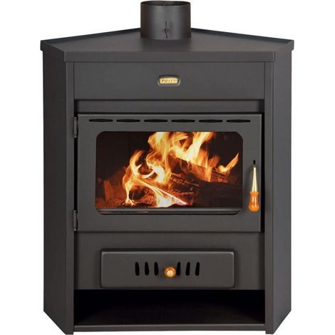 Prity – Poêle à bois d'angle 12 kW – Efficacité 75-80% – Pour chauffage central – Dimensions 720x550x820 mm – Conduit Ø 150 mm (1/4)