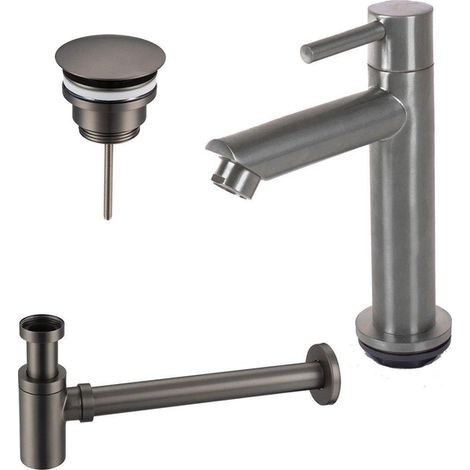 Fortifura Calvi - Ensemble lave-mains avec robinet bas à poser, bonde non obturable et siphon design en finition gunmetal brossé PVD (1/4)