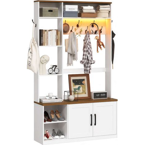 Porte-Manteau d'Entrée avec Banc, Rangement à Chaussures et Espace de Stockage, Éclairage LED, 8 Crochets