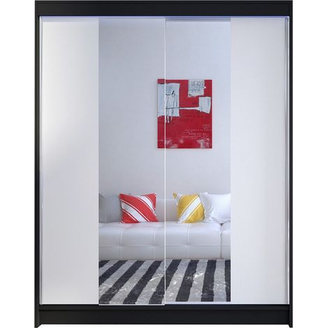 Armario Closico Vastor II, Negro + Blanco, 200x150x58cm, Puertas de armario: Correderas, Número de estantes: 5, LED