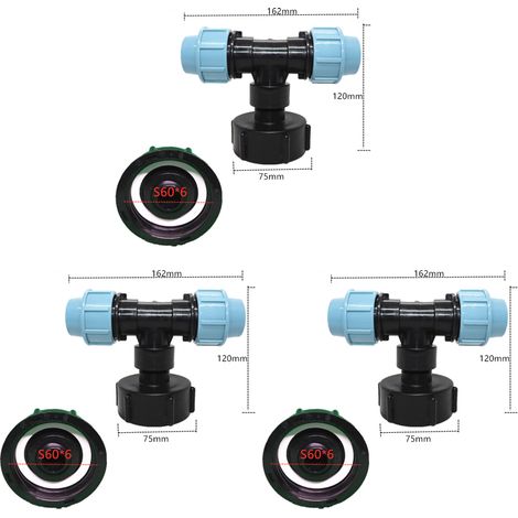 Set di 3 adattatori per serbatoio IBC S60 x 6 - Connettore a T per collegamento tubo dell'acqua - Uscita a T (Uscita a T da 25 mm) (1/4)