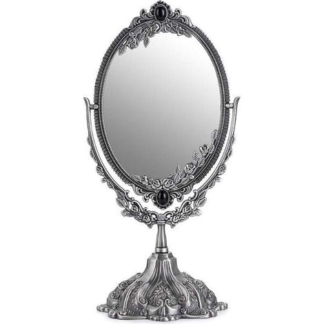 Miroir de maquillage ovale vintage double-face en verre argenté – design rétro élégant, idéal pour salle de bain ou dressing (1/4)