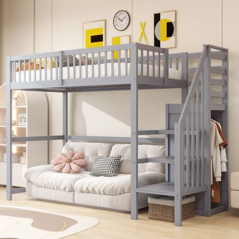 Lit mezzanine enfant 90x200 cm gris en bois avec armoire, rangements, échelle et barrières, sommier 15 lattes inclus, sans matelas (1/5)