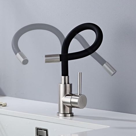 Robinet Cuisine Flexible Noir, Robinet de Cuisine Pivotant à 360°, Mitigeur Cuisine Noir avec Aérateur d'économie d'eau, Robinets d'évier en Acier Inoxydable, Monocommande Haute Pression (1/5)