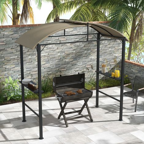 Gazebo per barbecue, 2 ripiani laterali, ganci, struttura in acciaio, 1,1 x 2,3 m, color kaki