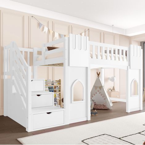 Lit mezzanine 90/200 cm blanc en bois de pin et MDF avec escalier de rangement et fenêtres (1/5)