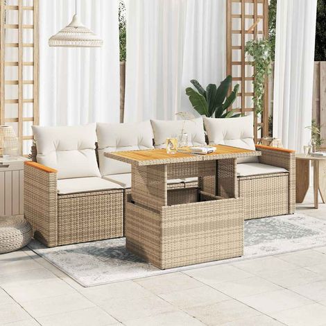 5 Piece Garden Sofa Set with Cushions Beige Poly Rattan Acacia vidaXL (1/5)