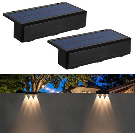 Lampes Solaires pour Clôture de Jardin, Lot de 2 Appliques Murales Solaires à 3 LED Lampes Solaires étanches pour Escaliers Marches Extérieur Jardin Cour Escaliers Patio Terrasse (Blanc Chaud (1/4)