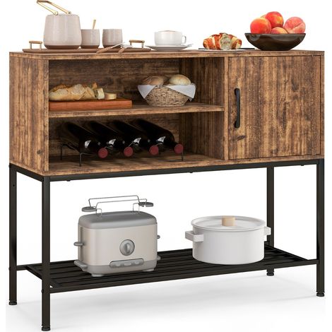 Tavolo consolle in legno con struttura metallica per sala da pranzo, Credenza buffet con portabottiglie e mensole Marrone (1/4)