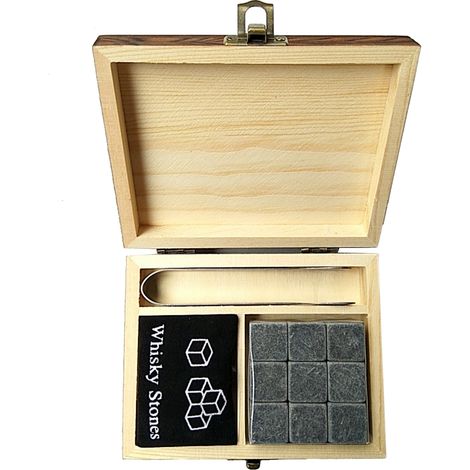 Set de 9 Pierres à Whisky Granit Réutilisables avec Pince et Boîte en Bois, Refroidisseur de Boissons sans Dilution (1/5)