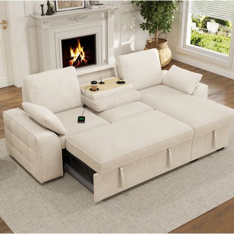Divano angolare 3 posti con contenitore, portabicchieri e USB, beige, 237x141x86 cm (1/5)