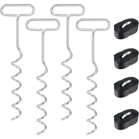Kit d'ancrage au Sol 4 pièces pour Trampoline, balançoire, Chevilles d'ancrage en Spirale avec Sangles, Ancres de Trampoline, Chevilles d'ancrage en Acier