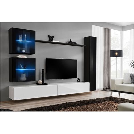 Ensemble meuble TV mural  - Switch XVIII - 283 cm x 180 cm x 40 cm - Noir et blanc - Livraison gratuite