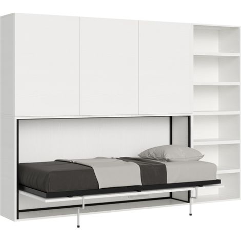 Lit escamotable horizontal blanc Bounto 85x185 avec rangement et bibliothèque composition G- (1/5)