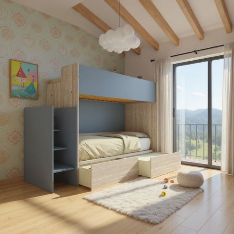 Letto a castello minimalista con terzo letto estraibile - Rovere Rock e Avio