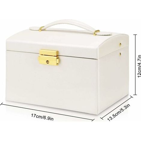 Boîte à bijoux, étui à bijoux avec 3 niveaux en cuir PU verrouillable pour montres, bagues et chaînes Blanc-Fei Yu (1/4)