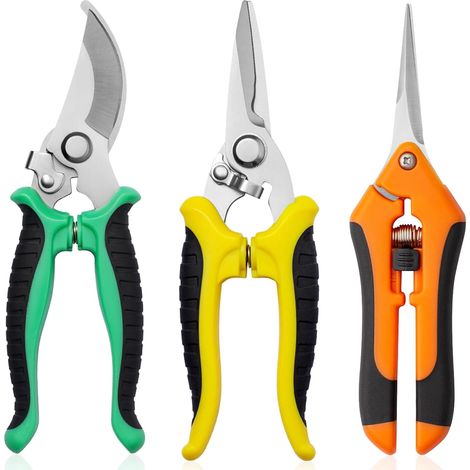 Sécateur de jardin, lot de 3, cisailles de jardin en acier inoxydable pour plantes et fleurs (vert + jaune + orange) (1/5)