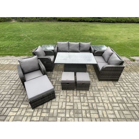 Fimous Wicker PE Rattan Outdoor Garden Furniture Sets Height Adjustable Rising lifting Dining Table Reclining Chair Sofa Set with 2 Side Tables 3 Footstools Dark Grey Mixed (1/5)