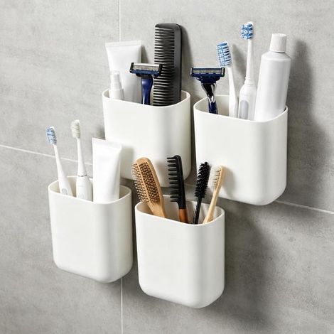 Zahnbürstenhalter Set Wandhalterung für Zahnbürsten Badezimmer Organizer Kein Bohren erforderlich 4 teilig Weiß (1/5)