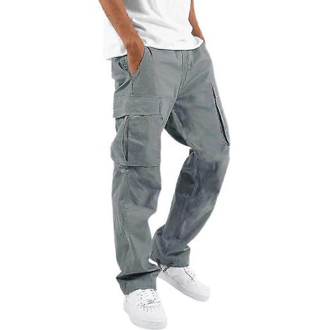 Pantalon cargo long ample et décontracté en coton et lin, confortable et multipoches, idéal pour le travail.-M-Grey