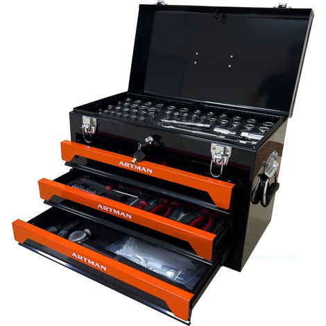 Caja de herramientas de acero 50 cm, 3 cajones, asa, negro/naranja MODENUIT (1/5)