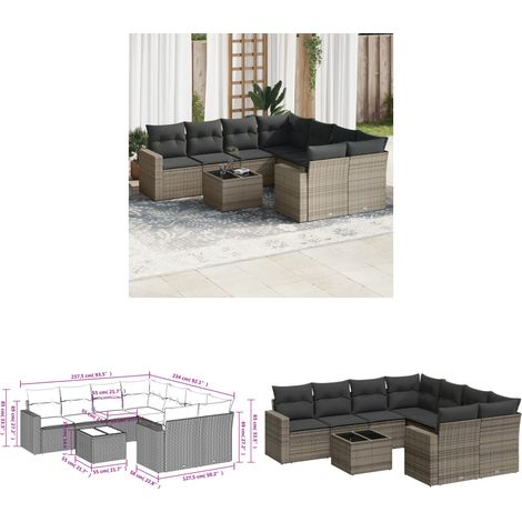 9-tlg. Garten-Sofagarnitur mit Kissen Grau Poly Rattan - Gartenmöbel - PE-Rattan Möbel - Outdoor Sofa - Lounge Set - Esstisch - Home & Living (1/3)