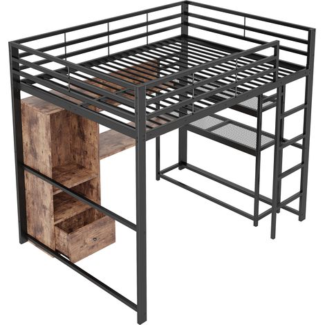Lit mezzanine 140x200 cm, lit métallique avec LED, bureau, 1 tiroir, étagères, garde-corps, escalier, sans matelas, noir