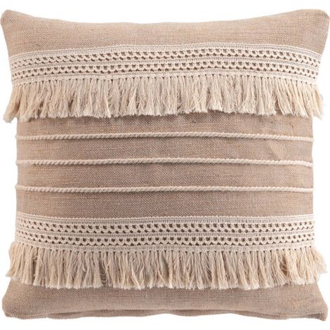 Coussin Déhoussable à Franges 45 x 45 cm – Coton/Polyester – Fantaisie "CIRRUS" - 45x45cm - Taupe (1/2)