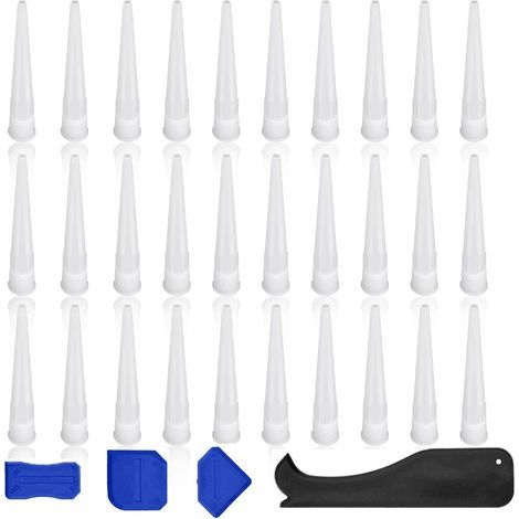 Embout Cartouche Silicone, 30 Pièces Buses D'étanchéité, Blanc Douille Cartouche Silicone, avec 4 Grattoirs, Remplaçables Buse de Pistolet à Calfeutrer, pour Maison, Construction, L'industrie (1/5)