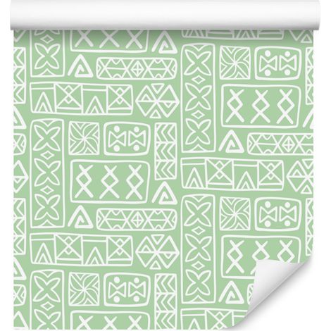 Carta da parati con motivo geometrico polinesiano, menta, bianco e grigio chiaro, 50x1000 (1/5)