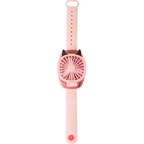 Ventilateur rechargeable USB version améliorée avec dragonne confortable, mini ventilateur-horloge portable et lumière LED multicolore intégrée (rose). (1/4)