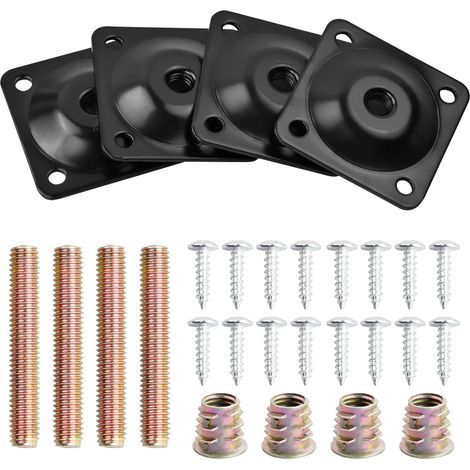 Lot de 4 Metal Plaques de Montage de Pied avec Boulons et Vis, M8 Plaques de Fixation pour Pieds de Meubles, Supports de Montage pour Jambes de Canapé Pieds de Table Fauteuil Chaise Meuble,(Noir) (1/5)
