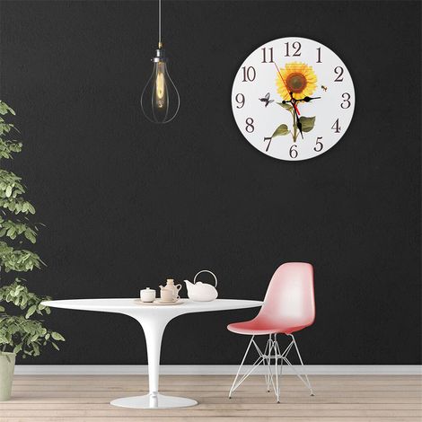 Horloge murale ronde à chiffres arabes et motif tournesol pour la décoration de la maison ou du bureau (3) (1/5)