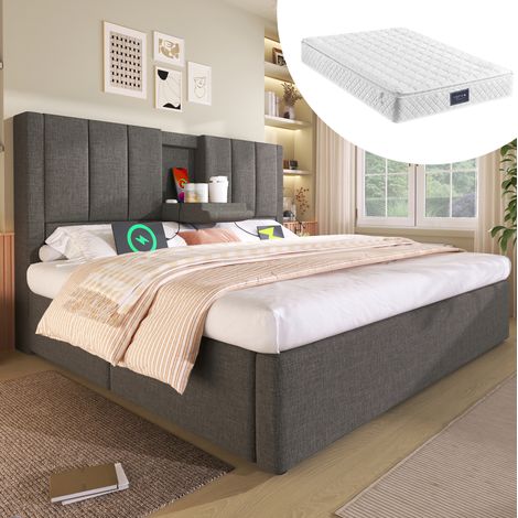 Bett 140x200 cm gepolstert mit Kopfteil, Stauraum, versteckten Becherhaltern und Ladestation, Leinen Grau, inkl. Matratze (1/5)
