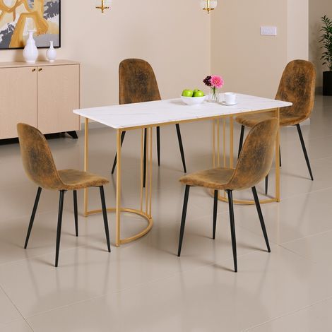 URBAN MEUBLE Ensemble de salle à manger élégant avec table effet marbre blanc et chaises en faux daim – ZUNCAX+CHARLTON SUEDE BROWN (1/5)