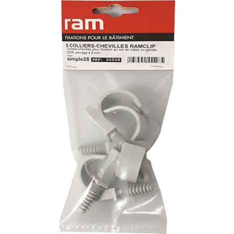 5 colliers chevilles RAMCLIP simple gris pour tube nu Ø26 à 28 et Prégainé Ø16 - RAM (1/2)