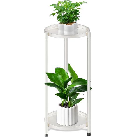 Support de pot de fleurs en métal pour intérieur et extérieur - Pour terrasse, jardin, balcon, salon (2 étages, blanc) (1/5)