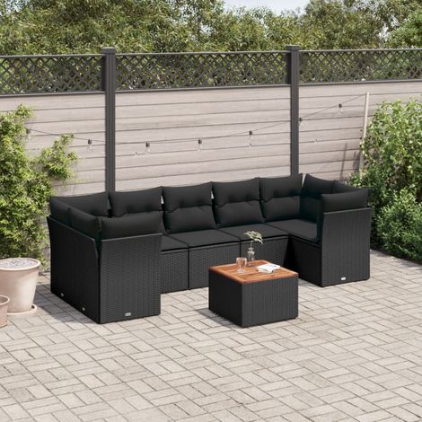Ensemble Salon Jardin 8 Places Noir Résine Tressée avec Coussins - Table Acacia, Sièges de Rangement Modulaires (1/5)