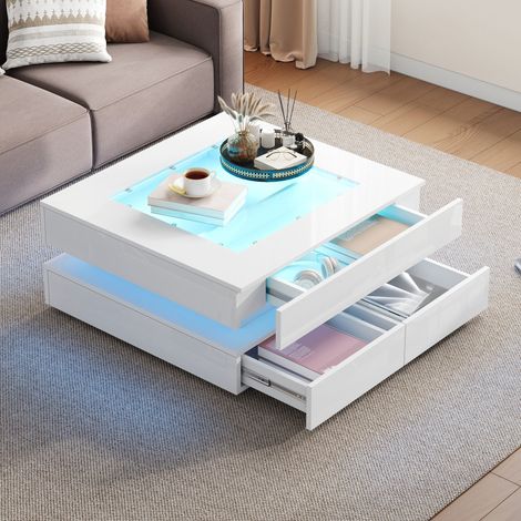 Tavolino quadrato in vetro 70x70x35 cm con illuminazione a LED e 3 cassetti, tavolino multifunzionale da divano, bianco lucido (1/5)