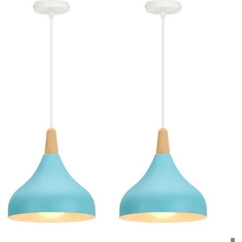2pcs Moderne Lustre Suspension Reglable,20cm Suspension Luminaire Vintage Abat-jour en Métal Bois Design Goutte Chapeau,Bleu (1/5)