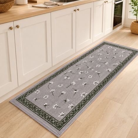 Tappeto Cucina Margherite 100% Cotone Antiscivolo Grigio Multiuso Cm. 50x80