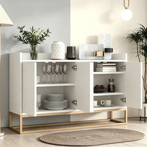 Buffet de rangement 120 x 30 x 80 cm à étagères réglables, Commode à 4 portes, Meuble bas, Armoire Tiroirs, pour Salon, Chambre, Salle à Manger, blanc, MDF